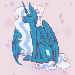 Size: 999x999 | Tagged: safe, artist:hahabinger, derpibooru import, oc, oc:fleurbelle, alicorn, alicorn oc, bow, chest fluff, ear fluff, eyes closed, female, hair bow, horn, mare, sitting, wings