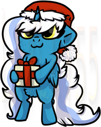 Size: 400x500 | Tagged: safe, artist:leyley55, derpibooru import, oc, oc:fleurbelle, alicorn, pony, alicorn oc, christmas, cute, female, golden eyes, hat, holiday, horn, mare, present, santa hat, simple background, transparent background, wings