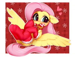 Size: 1732x1308 | Tagged: safe, artist:vensual99, derpibooru import, fluttershy, pegasus, pony, bell, bell collar, blushing, candy, candy cane, christmas, christmas stocking, clothes, collar, cute, female, food, heart, holiday, mare, shyabetes, smiling, socks, solo, white outline