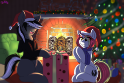 Size: 4500x3000 | Tagged: safe, artist:derpx1, derpibooru import, oc, oc only, oc:kenn, oc:lazy sunday, chimney, christmas, christmas gift, christmas lights, christmas tree, clapping, commission, fire, fireplace, hat, holiday, present, santa hat, smiling, tree