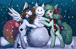 Size: 1280x828 | Tagged: safe, artist:mscolorsplash, derpibooru import, oc, oc only, oc:color splash, oc:ribbon wreath, earth pony, pegasus, pony, bipedal, bipedal leaning, bow, clothes, duo, earmuffs, female, leaning, mare, scarf, snow, snowfall, snowman, snowpony, tail bow