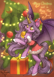 Size: 1236x1748 | Tagged: safe, artist:pony straponi, derpibooru import, oc, oc only, oc:nebula eclipse, bat pony, bat pony oc, bat wings, christmas, christmas lights, christmas tree, gift box, holiday, present, tree, wings