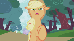 Size: 1920x1080 | Tagged: safe, derpibooru import, screencap, applejack, earth pony, pony, applebuck season, season 1, boost, condemned land, day, female, funny face, grumpy, looking at you, mare, me+you=nightmare, open mouth, raised leg, singular, uh oh, vulgar description