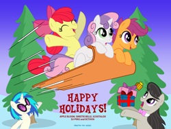 Size: 1024x768 | Tagged: safe, artist:tim-kangaroo, derpibooru import, apple bloom, dj pon-3, octavia melody, scootaloo, sweetie belle, vinyl scratch, earth pony, pony, airborne, christmas card, cutie mark crusaders, hearth's warming eve, present, sled, snow, tree