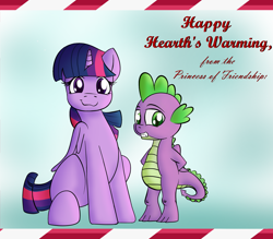 Size: 1600x1400 | Tagged: safe, artist:fig, derpibooru import, spike, twilight sparkle, twilight sparkle (alicorn), alicorn, dragon, pony, christmas, christmas card, cute, female, folded wings, hearth's warming, holiday, looking at you, male, mare, smiling, text, wings