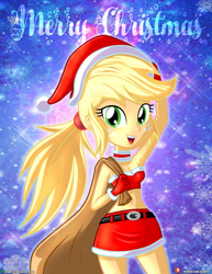 Size: 1500x1942 | Tagged: safe, artist:dieart77, derpibooru import, applejack, equestria girls, alternate hairstyle, bare shoulders, christmas, clothes, costume, cute, hat, holiday, jackabetes, open mouth, santa costume, santa hat, sleeveless, strapless