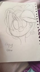 Size: 320x568 | Tagged: safe, artist:megamisaikouoffical, derpibooru import, cozy glow, pegasus, pony, bust, female, filly, freckles, looking at you, monochrome, paper, portrait, sketch, smiling at you, solo, text, traditional art