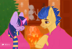 Size: 1280x885 | Tagged: safe, artist:sam2up, derpibooru import, flash sentry, twilight sparkle, pony, 2021, christmas, clothes, couple, fanart, female, fire, fireplace, flashlight, holiday, love, male, new year, romantic, scarf, shipping, straight