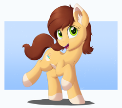Size: 4000x3546 | Tagged: safe, artist:arcane-thunder, derpibooru import, oc, oc only, oc:cream crackers, earth pony, pony, ear fluff, female, looking at you, mare, open mouth, raised hoof, raised leg, smiling, solo