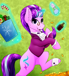 Size: 2264x2500 | Tagged: safe, artist:monsoonvisionz, derpibooru import, snowfall frost, starlight glimmer, pony, unicorn, bottle, candy, candy cane, christmas, clothes, coin, female, food, glasses, hearth's warming, holiday, looking at you, mare, present, smiling, solo