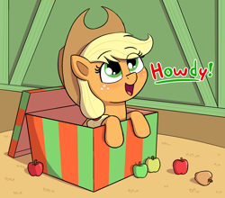 Size: 1756x1548 | Tagged: safe, artist:heretichesh, derpibooru import, applejack, earth pony, pony, apple, applejack's hat, barn, blushing, box, christmas, cowboy hat, cute, dialogue, female, food, freckles, happy, hat, hay, holiday, howdy, jackabetes, leaning, looking at you, looking up, mare, open mouth, pony in a box, present, smiling, solo, text