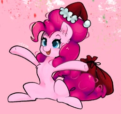 Size: 1821x1722 | Tagged: safe, artist:siripim111, derpibooru import, pinkie pie, earth pony, pony, chest fluff, christmas, cute, diapinkes, ear fluff, female, hat, holiday, mare, open mouth, sack, santa hat, sitting, solo