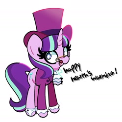 Size: 2000x2011 | Tagged: safe, artist:kindakismet, derpibooru import, snowfall frost, starlight glimmer, pony, unicorn, christmas, clothes, dialgoue, glasses, happy hearth's warming, hat, holiday, solo, top hat