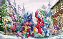 Size: 1024x643 | Tagged: safe, artist:the-wizard-of-art, derpibooru import, princess celestia, princess luna, oc, alicorn, earth pony, pegasus, pony, unicorn, blushing, canterlot, canterlot castle, christmas, christmas tree, female, filly, holiday, male, mare, orphanage, orphans, royal guard, santa sack, snow, snowfall, stallion, traditional art, tree, watercolor painting