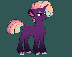 Size: 2800x2200 | Tagged: safe, artist:loryska, derpibooru import, oc, pony, unicorn, cloven hooves, female, green background, mare, offspring, parent:sunset shimmer, parent:thunderlane, simple background