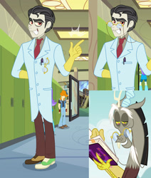 Size: 2334x2748 | Tagged: safe, artist:missratkali, derpibooru import, screencap, discord, valhallen, draconequus, equestria girls, twilight's kingdom, book, clothes, equestria girls-ified, finger snap, glasses, high res, lab coat, male, reference, screencap reference, snaggletooth, teacher