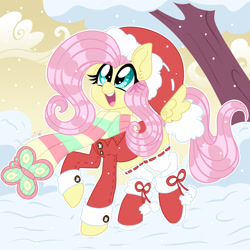 Size: 1280x1280 | Tagged: safe, artist:ladylullabystar, derpibooru import, fluttershy, pegasus, pony, boots, christmas, clothes, cute, female, floating wings, hat, holiday, mare, open mouth, santa hat, scarf, shoes, shyabetes, snow, socks, solo, sweater, wingding eyes, wings, winter