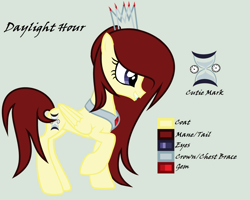 Size: 4544x3640 | Tagged: safe, artist:lominicinfinity, derpibooru import, oc, oc:daylight hour, pegasus, pony, crown, female, jewelry, mare, reference sheet, regalia, simple background, solo, wings