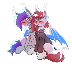 Size: 1944x1726 | Tagged: safe, artist:gicme, derpibooru import, oc, oc only, oc:riellenc hill, bat pony, pony, bat pony oc, bat wings, clothes, eyebrows visible through hair, happy, hoodie, hug, shy, simple background, smiling, wings