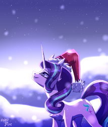 Size: 3000x3500 | Tagged: safe, artist:celes-969, derpibooru import, starlight glimmer, pony, unicorn, chest fluff, christmas, hat, holiday, horn, long horn, santa hat, smiling, snow, snowfall, solo