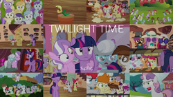 Size: 1986x1118 | Tagged: safe, derpibooru import, edit, edited screencap, editor:quoterific, screencap, alula, apple bloom, aquamarine, aura (character), boysenberry, cotton cloudy, diamond tiara, dinky hooves, first base, gallop j. fry, little red, liza doolots, noi, peach fuzz, petunia, pinkie feather, pipsqueak, piña colada, ruby pinch, scootaloo, shady daze, silver spoon, snails, spike, strike, super funk, sweetie belle, tootsie flute, tornado bolt, train tracks (character), truffle shuffle, twilight sparkle, twilight sparkle (alicorn), twist, alicorn, dragon, earth pony, pegasus, unicorn, twilight time, chips, cutie mark crusaders, disguise, food, golden oaks library, nachos, plant