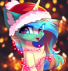 Size: 2742x2874 | Tagged: safe, artist:airiniblock, derpibooru import, oc, oc only, oc:sunny sandbar, pony, unicorn, chest fluff, christmas, ear fluff, eye clipping through hair, female, hat, holiday, mare, open mouth, rcf community, santa hat, smiling