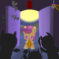 Size: 2000x2000 | Tagged: safe, derpibooru import, scootaloo, bat, pegasus, :3, chibi, ears, female, filly, knife, large ears, orange coat, peytral, purple eyes, purple mane, shadow, shadows, shoulder pads, wingding eyes