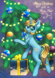 Size: 1414x2000 | Tagged: safe, artist:pony straponi, derpibooru import, oc, oc only, oc:skydreams, pony, unicorn, christmas, christmas lights, christmas tree, commission, gift box, holiday, horn, mouth hold, present, solo, tree, unicorn oc, ych result