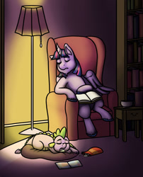 Size: 1280x1585 | Tagged: safe, artist:verikoira, derpibooru import, spike, twilight sparkle, twilight sparkle (alicorn), alicorn, dragon, book, bookshelf, duo, duo male and female, eyes closed, female, lamp, male, mare, sleeping, sofa, wingless spike