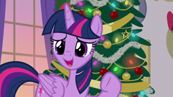 Size: 1920x1080 | Tagged: safe, derpibooru import, screencap, twilight sparkle, twilight sparkle (alicorn), alicorn, pony, the hearth's warming club, christmas, christmas tree, female, holiday, mare, solo, tree