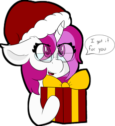 Size: 5579x6098 | Tagged: safe, artist:skylarpalette, derpibooru import, oc, oc only, oc:skylar palette, pony, unicorn, bow, christmas, cute, dialogue, ear fluff, eye clipping through hair, female, floppy ears, fluffy, glasses, hat, holiday, horn, looking up, mare, open mouth, present, santa hat, simple background, simple shading, smiling, solo, speech bubble, transparent background, unicorn oc