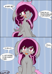 Size: 2798x3981 | Tagged: safe, artist:freefraq, derpibooru import, oc, oc only, oc:lilac san, bat pony, pony, bat pony oc, bat wings, big ears, blushing, chest fluff, comic, cute, dialogue, ears, eye clipping through hair, female, floppy ears, fluffy, folded wings, hairy, looking at you, nervous, offscreen character, open mouth, sitting, smiling, solo, speech bubble, weapons-grade cute, wings