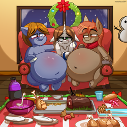 Size: 4000x4000 | Tagged: safe, artist:metalface069, derpibooru import, oc, oc:winterlight, belly, belly button, christmas, commission, cookie, dinner, fat, food, holiday, meat, ponies eating meat, soda, squishy