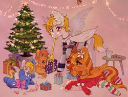 Size: 2000x1523 | Tagged: safe, artist:kitten-in-the-jar, derpibooru import, oc, oc only, oc:serenity, oc:white feather, pegasus, pony, christmas, christmas tree, clothes, cookie, female, filly, food, holiday, lying down, mare, plushie, present, prone, sweater, tree