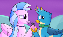 Size: 2500x1500 | Tagged: safe, artist:alonso-bazan, derpibooru import, gallus, silverstream, griffon, hippogriff, cute, diastreamies, female, gallabetes, gallstream, holding hands, jewelry, male, necklace, shipping, smiling, straight