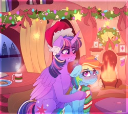 Size: 2048x1823 | Tagged: safe, artist:aaa-its-spook, derpibooru import, rainbow dash, twilight sparkle, twilight sparkle (alicorn), alicorn, pegasus, pony, bell, blushing, book, bow, candy, candy cane, christmas, christmas stocking, clothes, cookie, cute, female, fireplace, floppy ears, folded wings, food, golden oaks library, hat, hearth's warming, holiday, lesbian, looking at each other, mare, mug, santa hat, scarf, shipping, sitting, smiling, stars, striped scarf, twidash, wings, wreath