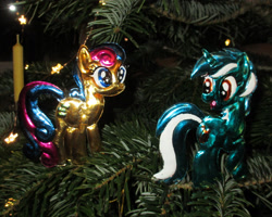 Size: 2716x2172 | Tagged: safe, alternate version, artist:malte279, derpibooru import, bon bon, lyra heartstrings, sweetie drops, christmas, christmas lights, christmas tree, craft, hearth's warming eve, holiday, metal foil, relief, tree