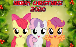 Size: 2064x1289 | Tagged: source needed, safe, anonymous artist, derpibooru import, apple bloom, scootaloo, sweetie belle, a charlie brown christmas, christmas, christmas time is here, cutie mark crusaders, hearth's warming, holiday, holly, leaves, lyrics in the description, pine, song reference, youtube link