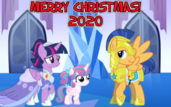 Size: 2064x1296 | Tagged: safe, artist:not-yet-a-brony, derpibooru import, flash sentry, princess flurry heart, twilight sparkle, the last problem, armor, aunt and niece, auntie twilight, christmas, clothes, coronation dress, crystal empire, cute, dress, family, female, flashlight, flurrybetes, hearth's warming, heartwarming, holiday, honorary uncle, i'll be home for christmas, looking at each other, lyrics in the description, male, older, older flurry heart, reunion, royal guard armor, second coronation dress, shipping, smiling, song reference, straight, uncle flash, youtube link