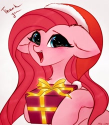 Size: 1566x1800 | Tagged: safe, artist:mite-lime, derpibooru import, pinkie pie, earth pony, pony, blushing, christmas, cute, cuteamena, diapinkes, ear fluff, hat, holiday, looking at you, open mouth, pinkamena diane pie, santa hat, smiling, solo, standing