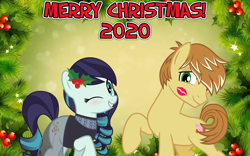 Size: 2064x1289 | Tagged: safe, anonymous artist, derpibooru import, coloratura, feather bangs, earth pony, all i want for christmas is you, blushing, christmas, colorabangs, female, flower, flower in hair, hearth's warming, holiday, holly, kiss mark, kiss on the cheek, kissing, lipstick, lyrics in the description, male, one eye closed, shipping, smiling, song reference, straight, wink, youtube link, youtube link in the description