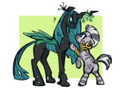 Size: 300x221 | Tagged: safe, artist:fizpup, derpibooru import, queen chrysalis, zecora, changeling, changeling queen, zebra, ear piercing, earring, female, jewelry, mare, mistletoe, neck rings, piercing, question mark, shipping, this will end in kisses