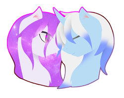 Size: 2620x2072 | Tagged: safe, artist:riariirii2, derpibooru import, oc, oc only, earth pony, pony, unicorn, bust, duo, earth pony oc, ethereal mane, eyes closed, galaxy mane, horn, simple background, transparent background, unicorn oc