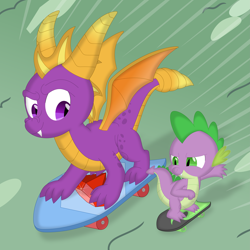 Size: 3535x3531 | Tagged: safe, artist:porygon2z, derpibooru import, spike, dragon, crossover, skateboard, spyro the dragon