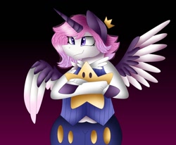Size: 1080x892 | Tagged: safe, artist:rxndxm.artist, derpibooru import, oc, oc only, alicorn, anthro, alicorn oc, clothes, crown, gradient background, horn, hug, jewelry, plushie, regalia, smiling, stars, two toned wings, wings
