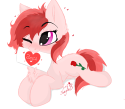 Size: 1375x1200 | Tagged: safe, artist:wulfieshydev, derpibooru import, oc, oc only, oc:rose petal, earth pony, chest fluff, cute, female, mare, ocbetes, one eye closed, solo, wink