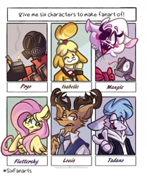 Size: 1280x1529 | Tagged: safe, artist:pegasusvixen, derpibooru import, fluttershy, anthro, deer, dog, human, pegasus, pony, aggretsuko, animatronic, anthro with ponies, antlers, beastars, bust, clothes, crossover, female, five nights at freddy's, gas mask, isabelle, lighter, louis (beastars), male, mangle, mare, mask, necktie, one eye closed, pyro, six fanarts, smiling, team fortress 2, wink