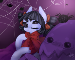 Size: 2500x2000 | Tagged: safe, artist:di youyou, artist:狄优优, derpibooru import, pony, spider, black sclera, bow, female, mare, muffet, multiple eyes, one eye closed, ponified, solo, undertale, wink