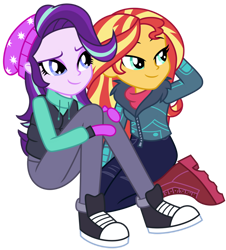 Size: 1024x1134 | Tagged: safe, artist:emeraldblast63, derpibooru import, starlight glimmer, sunset shimmer, better together, equestria girls, holidays unwrapped, beanie, converse, hat, shoes, snow, winter