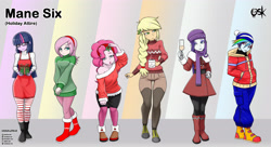 Size: 4168x2272 | Tagged: safe, artist:oldskullkid, derpibooru import, applejack, fluttershy, pinkie pie, rainbow dash, rarity, twilight sparkle, human, equestria girls, alternate hairstyle, boots, champagne, champagne glass, christmas, christmas outfit, clothes, cute, female, gift wrapped, glasses, holiday, holly, holly mistaken for mistletoe, humanized, leggings, looking at you, mistleholly, mug, scarf, shoes, shyabetes, socks, solo, solo female, striped socks, sweater, sweatershy, turtleneck, winter outfit